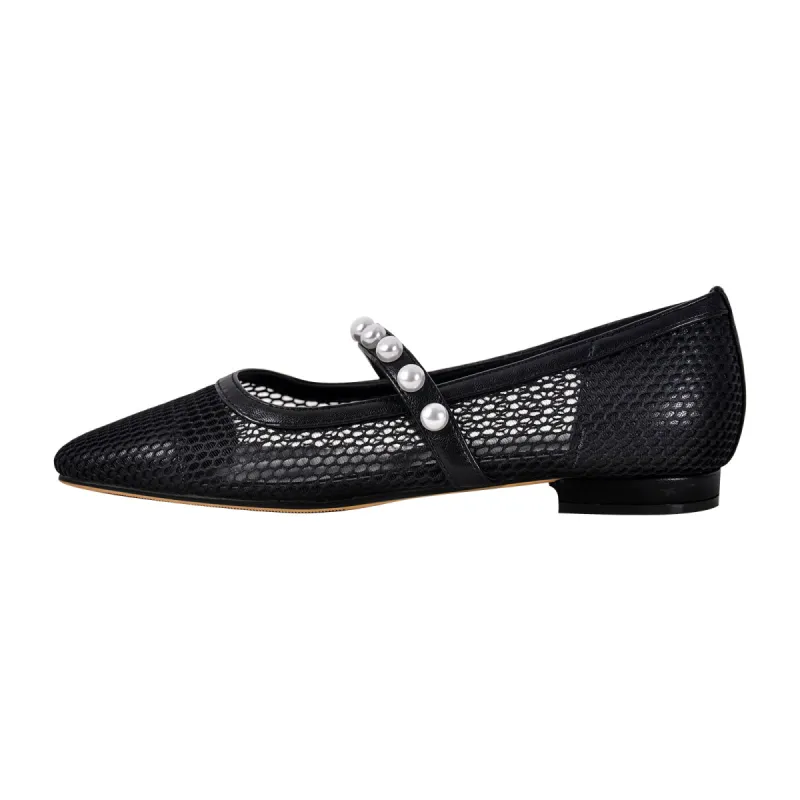 Square Toe Pearl Belt Mesh Flats sold by Onlymaker