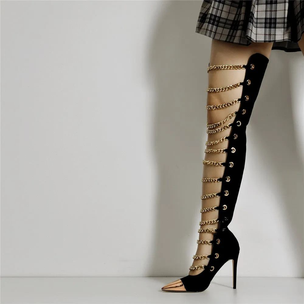 Metal Chain Pointed Toe Over The Knee High Boots sold by Onlymaker product image thumbnail 3