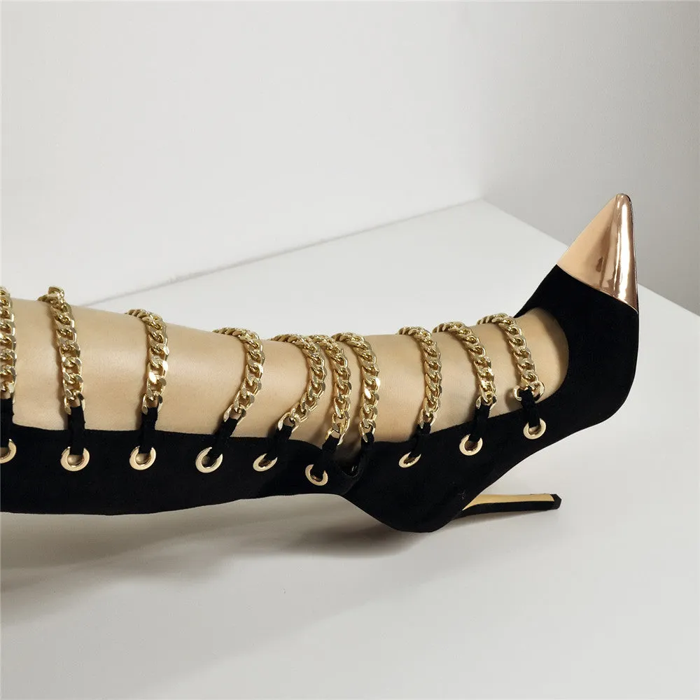 Metal Chain Pointed Toe Over The Knee High Boots sold by Onlymaker product image thumbnail 5