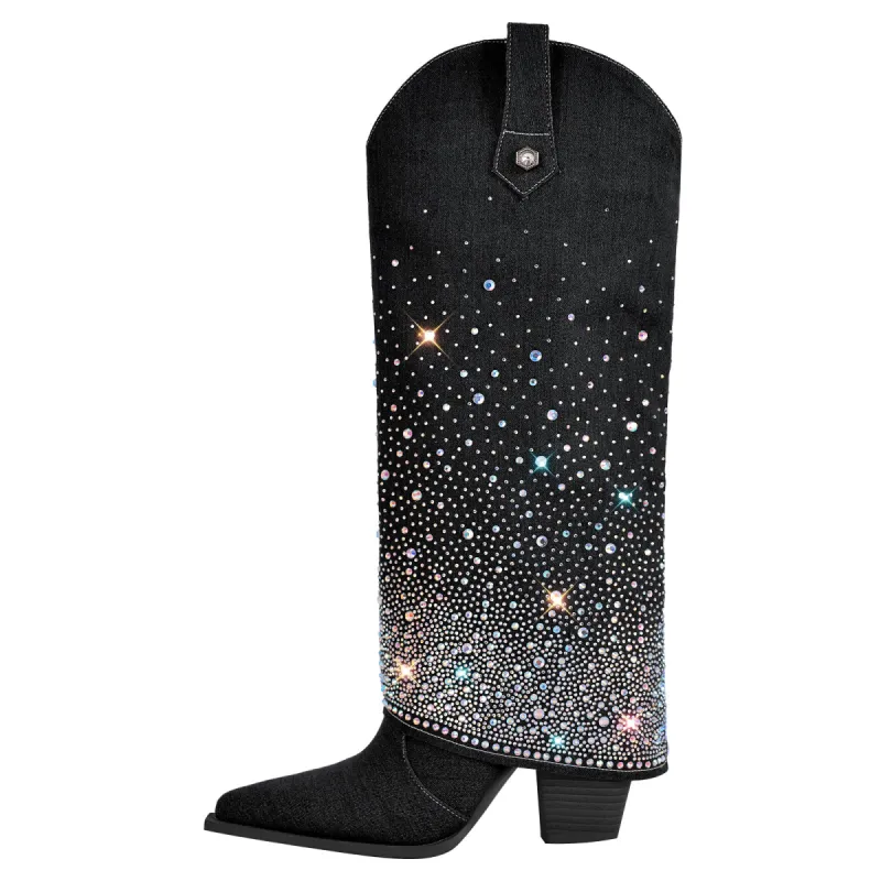 Rhinestone Pointed Toe Chunky Heel Denim Fold Over Boots sold by Onlymaker