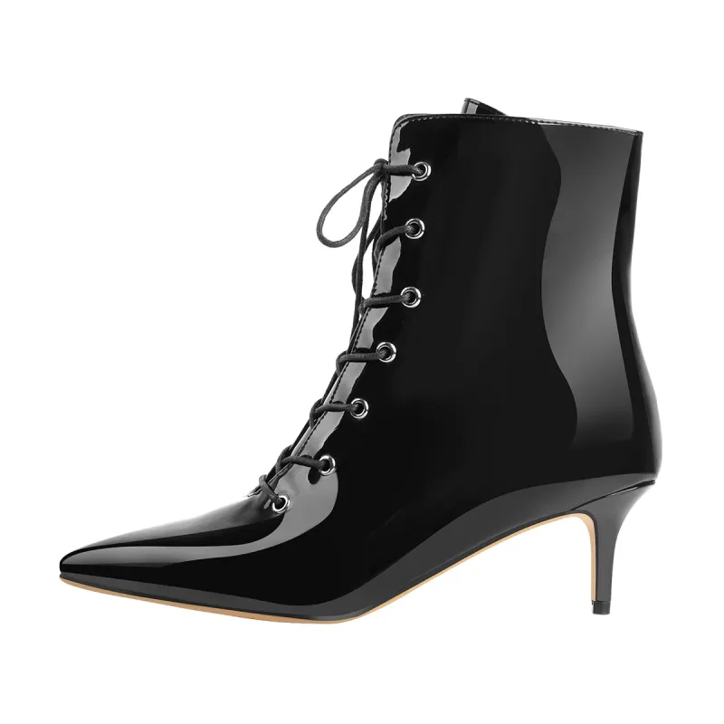 Kitten Low Heel Pointed Toe Lace Up Patent Black Leather Ankle Boots sold by Onlymaker