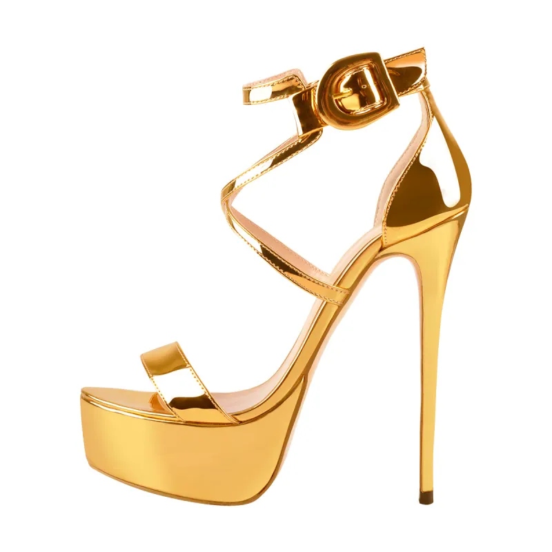 Gold Patent Leather Platform Stiletto Crisscross Ankle Strap Sandals sold by Onlymaker