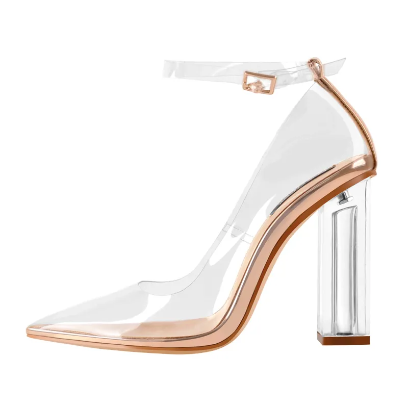 Pointed Toe Buckle Strap Clear Heels Pumps made by Onlymaker