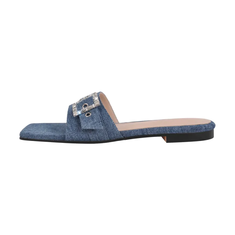 Denim Square Toe Buckle Strap Flats sold by Onlymaker