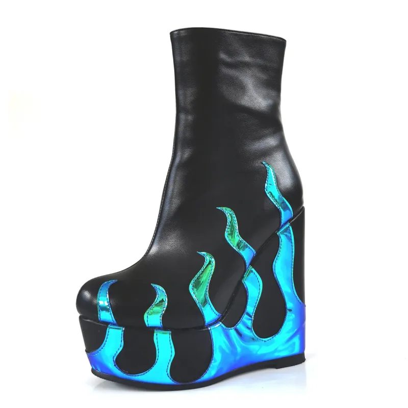 Flame Print Platform Round Toe Wedge Heel Boots sold by Onlymaker
