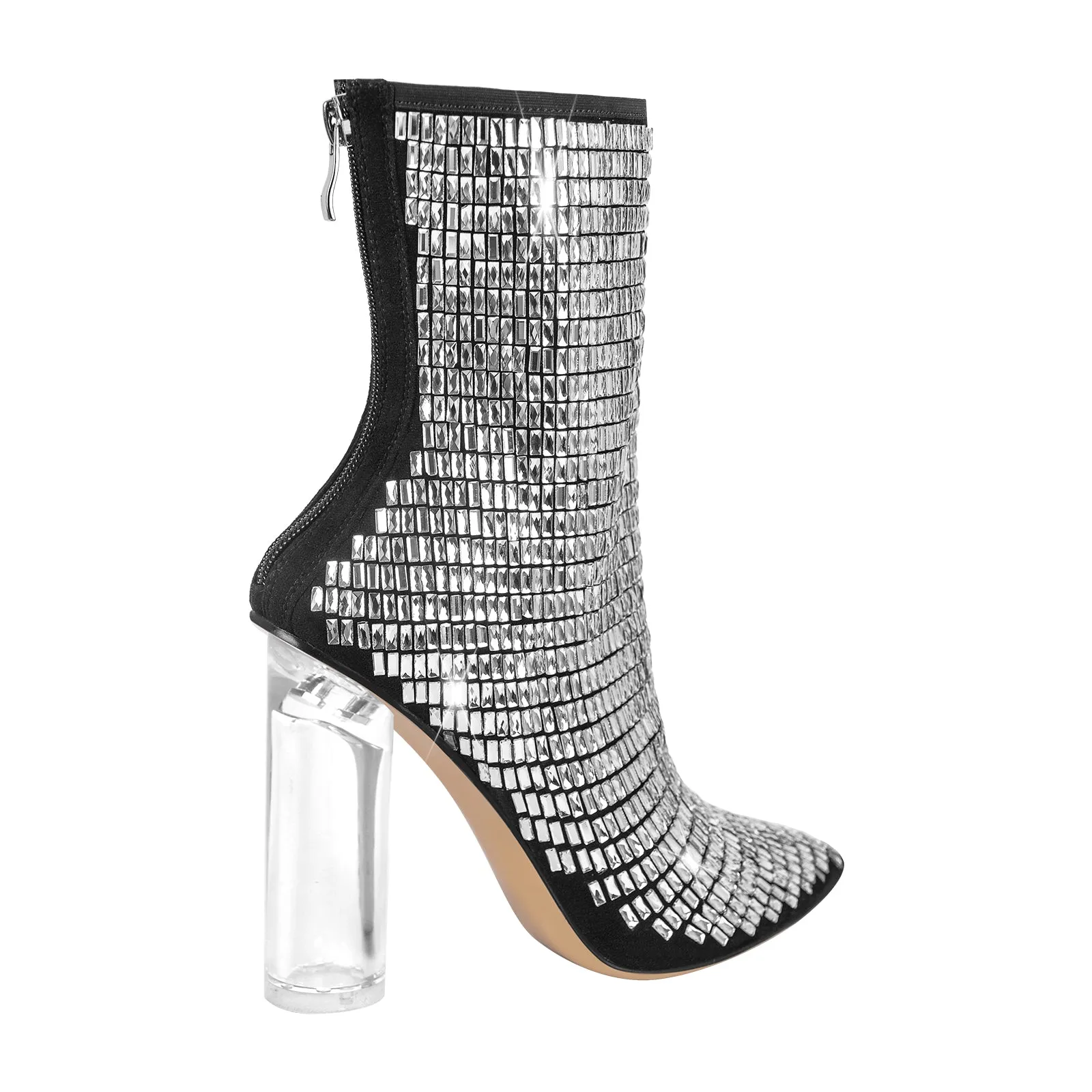 Rhinestone Pointed Toe Clear Chunky Heel Ankle Boots sold by Onlymaker product image thumbnail 3