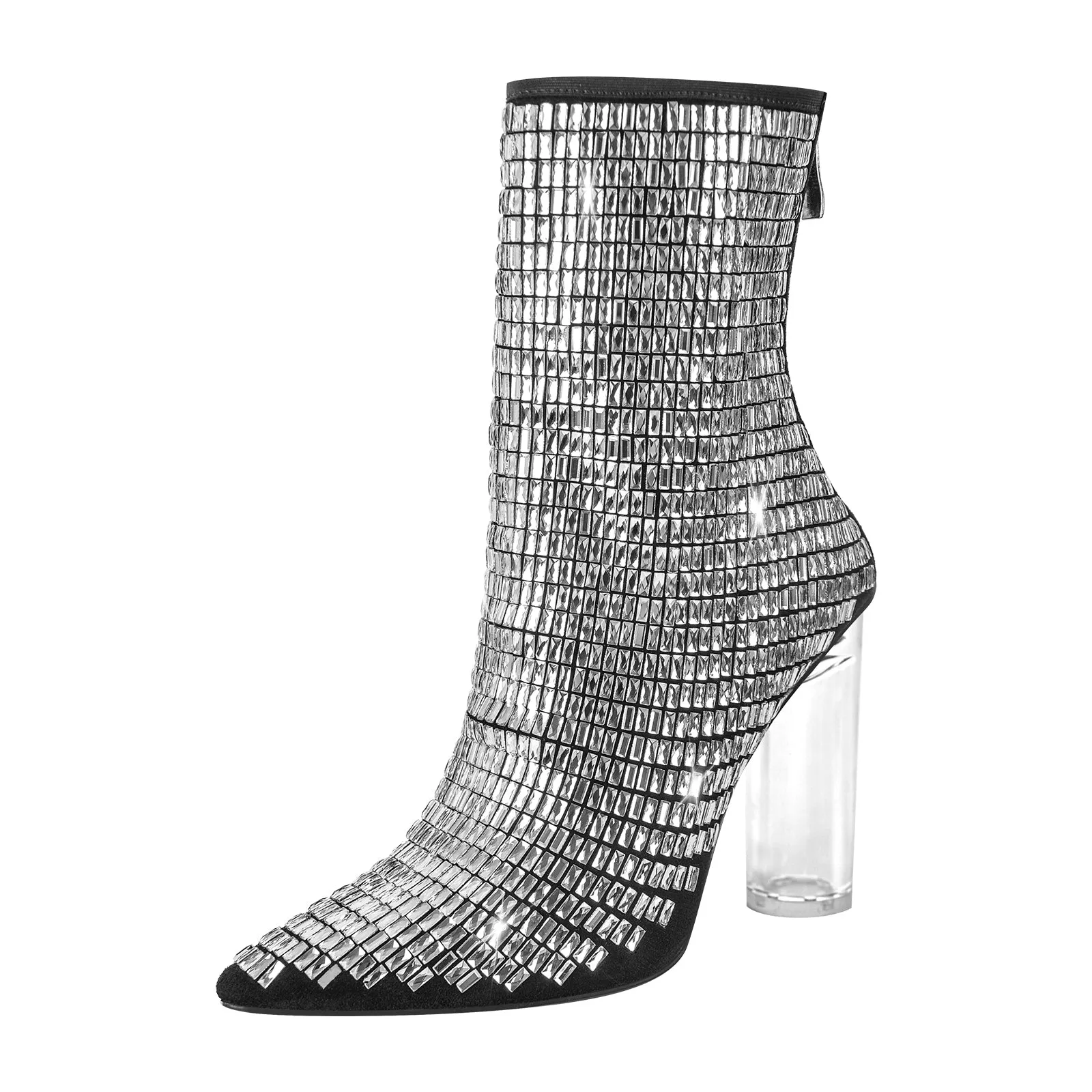 Rhinestone Pointed Toe Clear Chunky Heel Ankle Boots sold by Onlymaker product image thumbnail 2