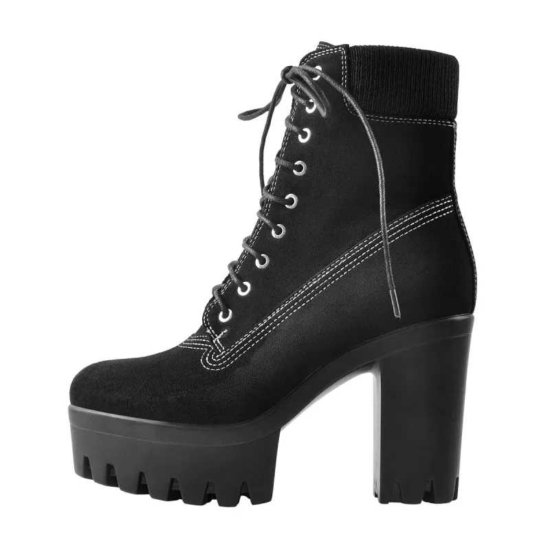 Platform Lace Up Elastic Chunky Heel Ankle Boots sold by Onlymaker