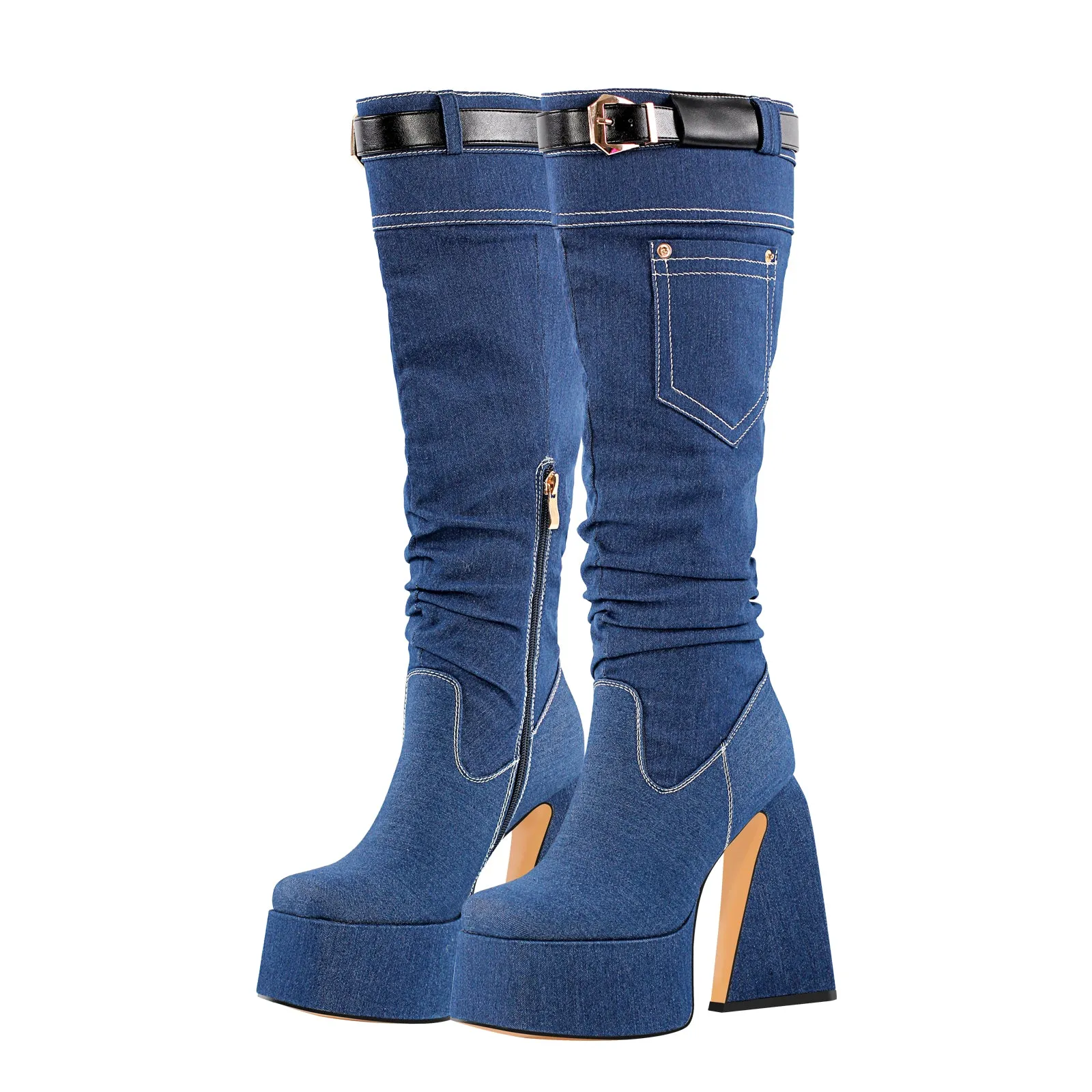 Denim Square Toe Chunky Heel Platform Boots sold by Onlymaker