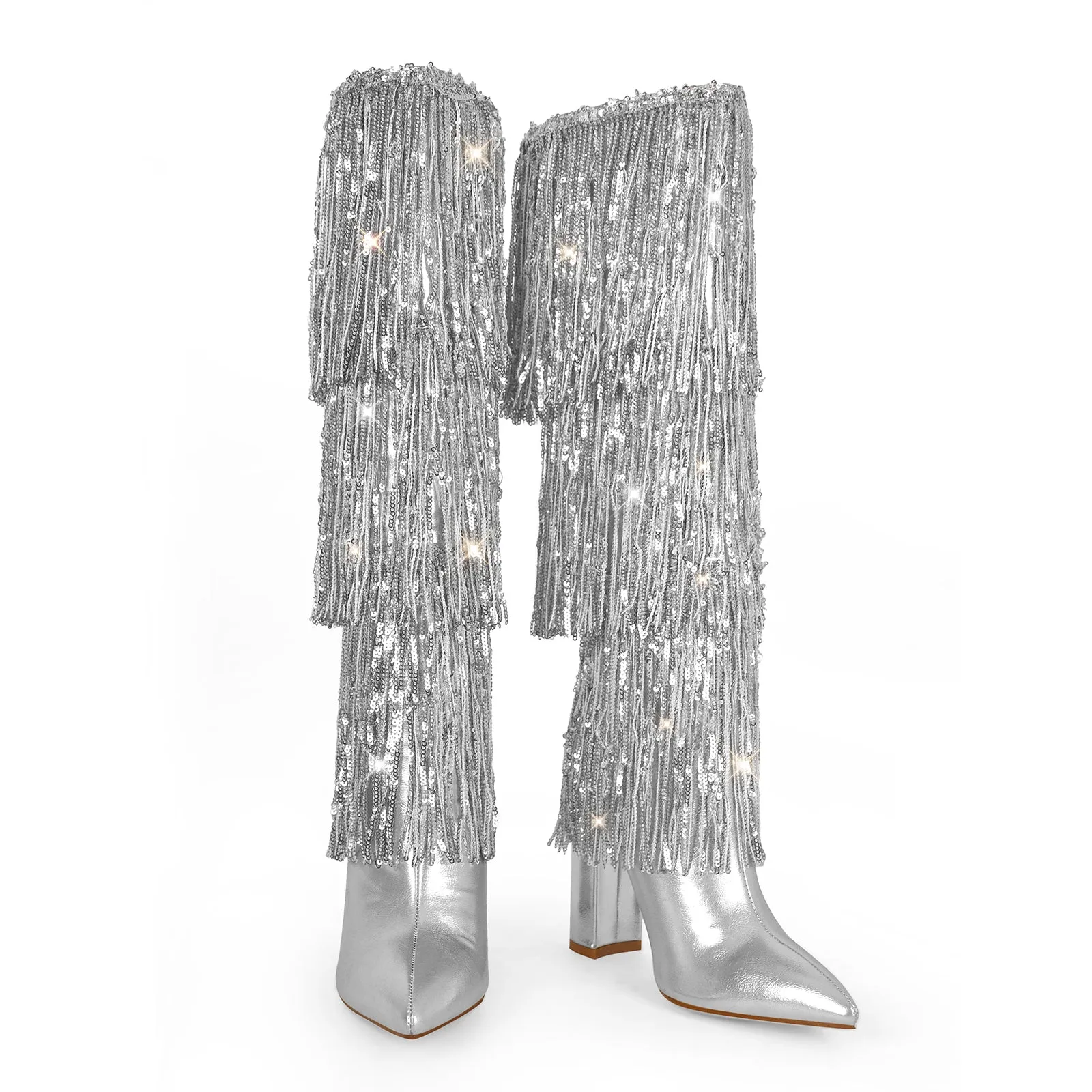 Pointed Toe Chunky Heel Fringe Sequin Boots sold by Onlymaker product image thumbnail 4