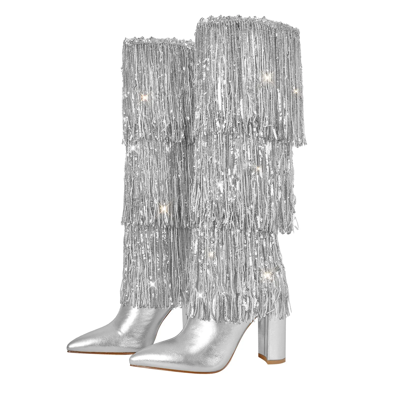 Pointed Toe Chunky Heel Fringe Sequin Boots sold by Onlymaker product image thumbnail 3