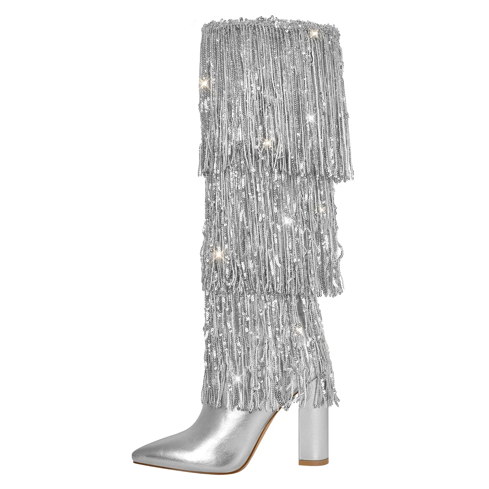 Pointed Toe Chunky Heel Fringe Sequin Boots sold by Onlymaker product image thumbnail 2