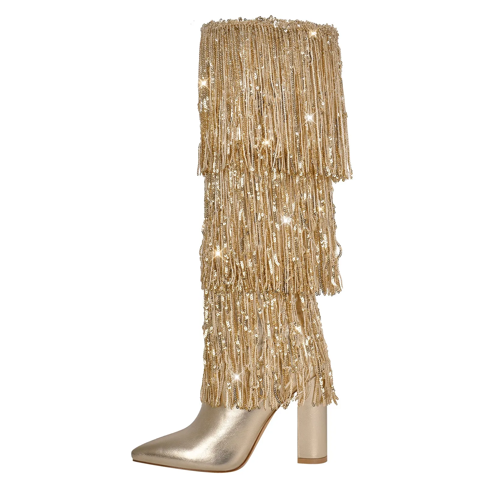 Pointed Toe Chunky Heel Fringe Sequin Boots sold by Onlymaker