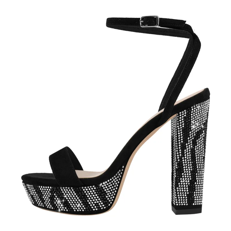 Rhinestone Platform Single Band Ankle Strap Chunky Heel Sandals sold by Onlymaker