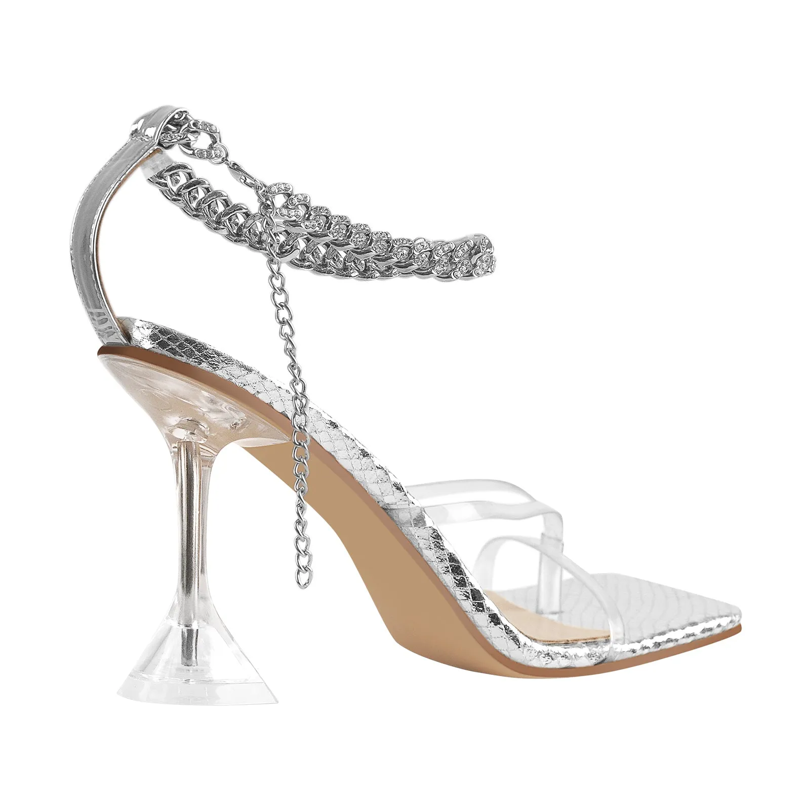 Silver Square Toe Metal Chain Tapered Heel Sandals sold by Onlymaker product image thumbnail 3