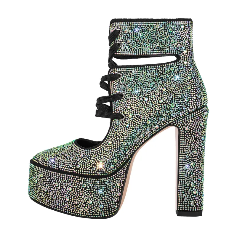 Platform Rhinestone Lace-up High Heel Ankle Boots sold by Onlymaker
