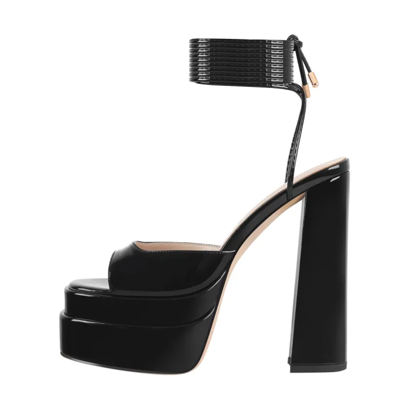 Black Platform Chunky High Heel Lace Up Sandals sold by Onlymaker