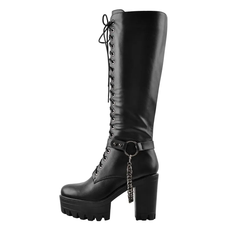 Black Platform Knee High Chunky Heel Boots sold by Onlymaker
