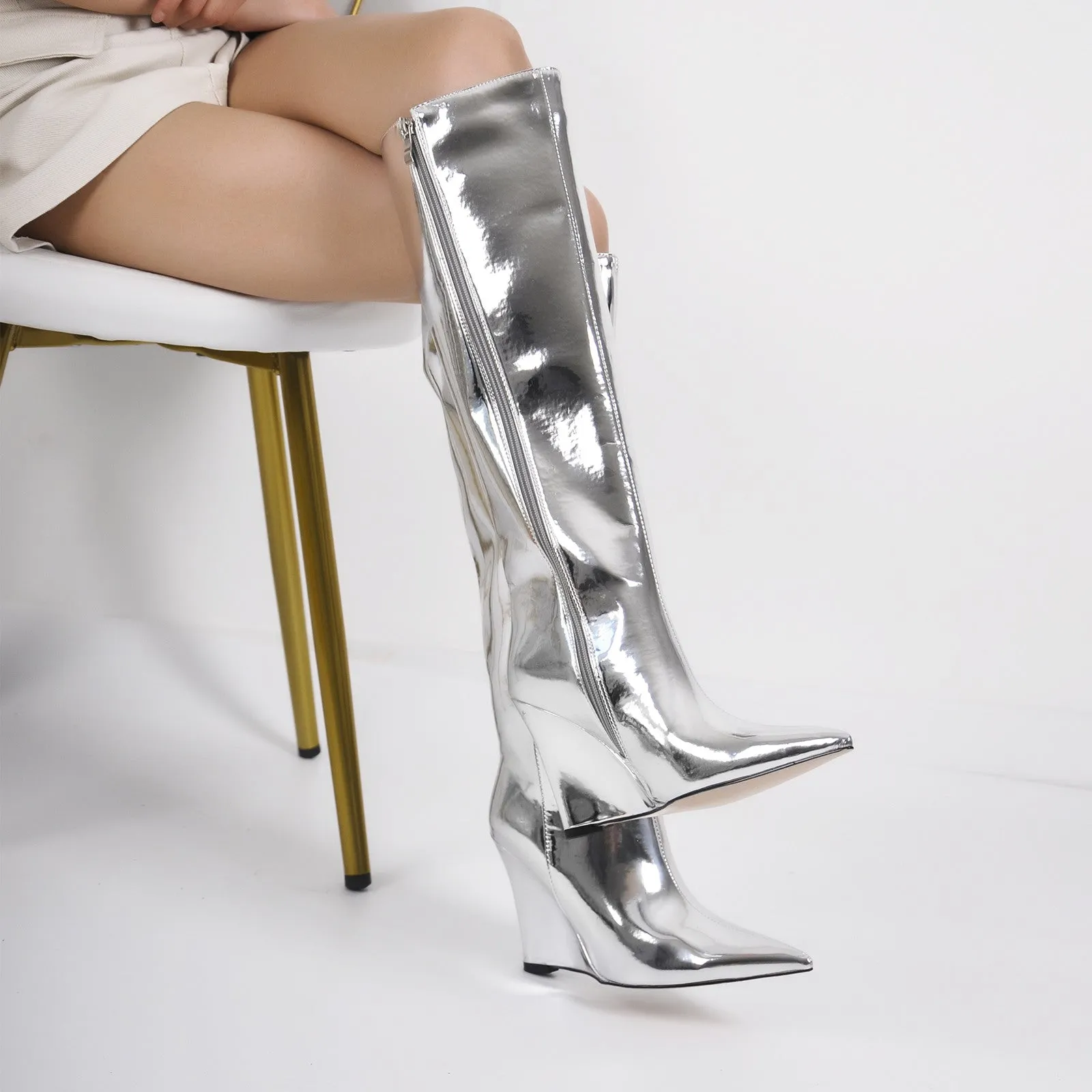 Pointed Toe Metallic Wedge Heel Knee High Boots sold by Onlymaker product image thumbnail 5