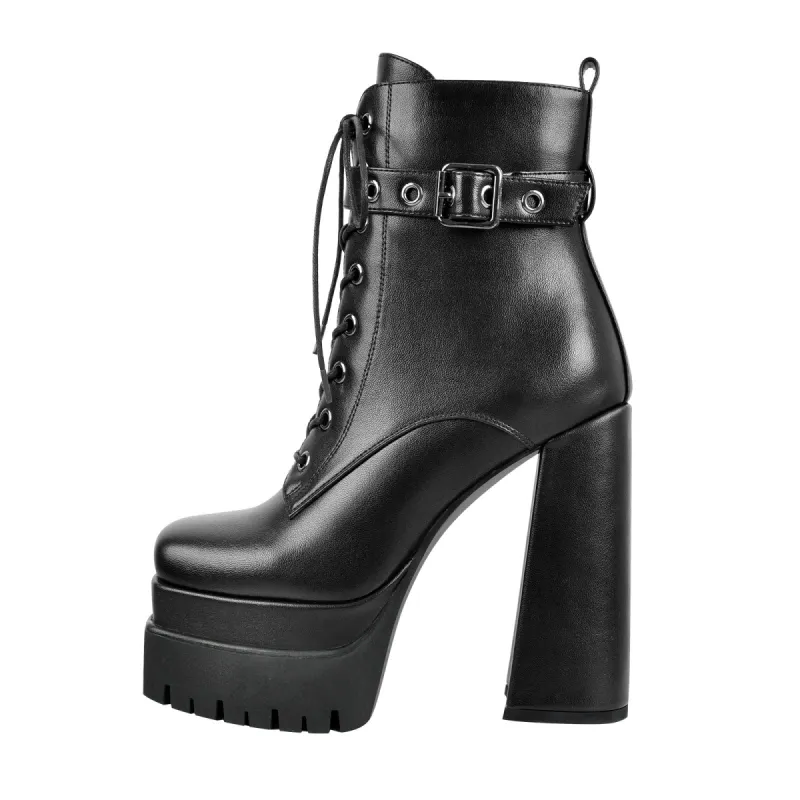 Black Lace up Zipper Chunky Ankle Boots sold by Onlymaker