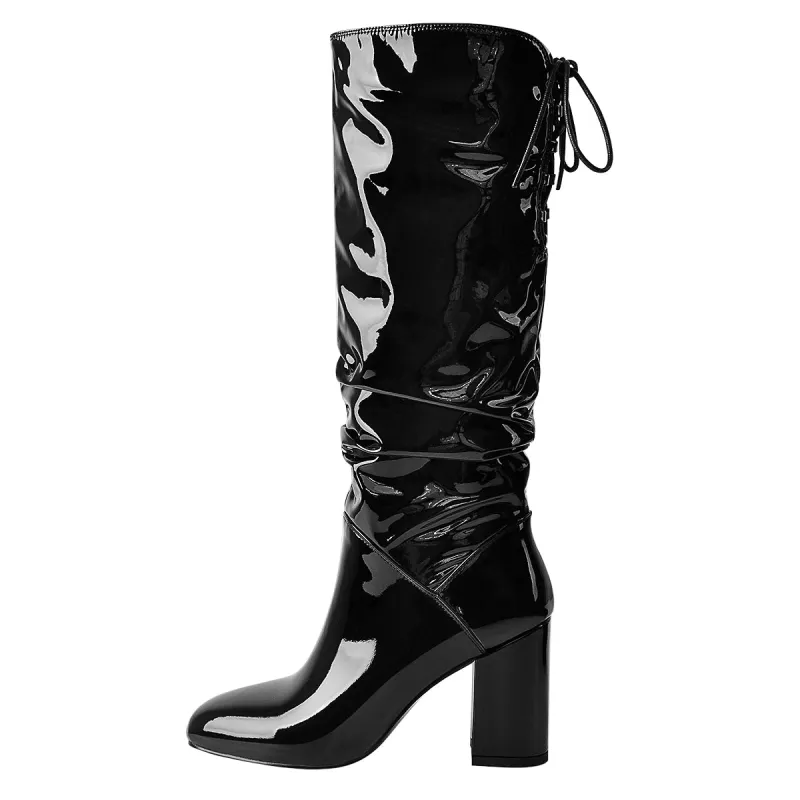 Black Patent Leather Chunky Heels Boots sold by Onlymaker