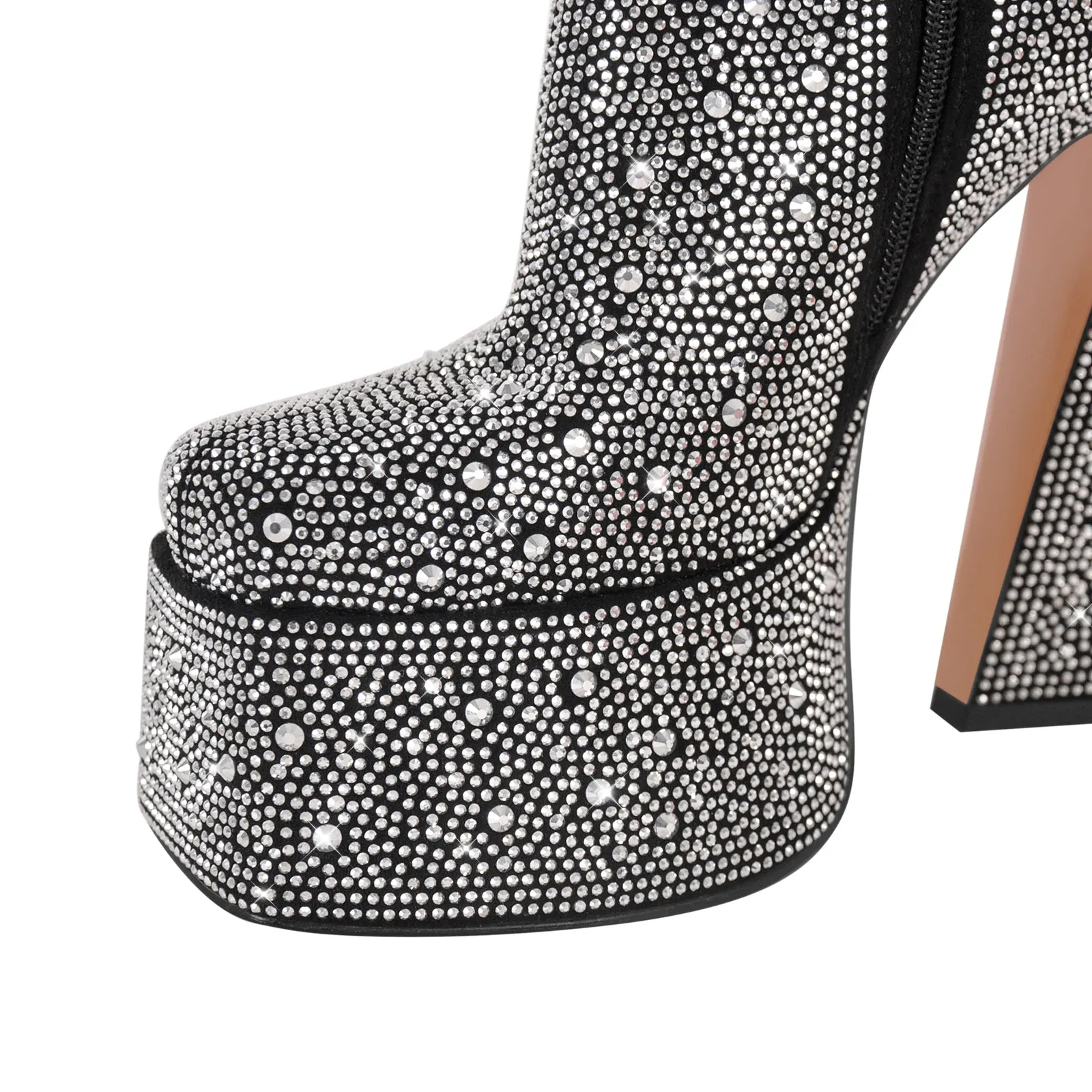 Black Rhinestone Square Toe Chunky Heel Platform Ankle Boots sold by Onlymaker product image thumbnail 4