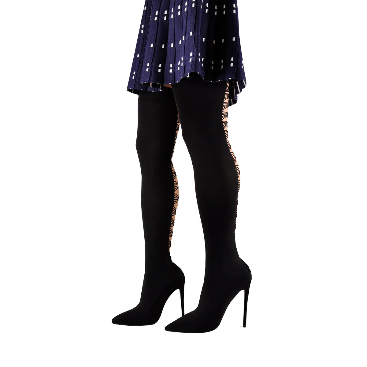 Thigh High Pointy Toe Stiletto Stretch Back Hollow Out Stocking Booties sold by Onlymaker product image thumbnail 2