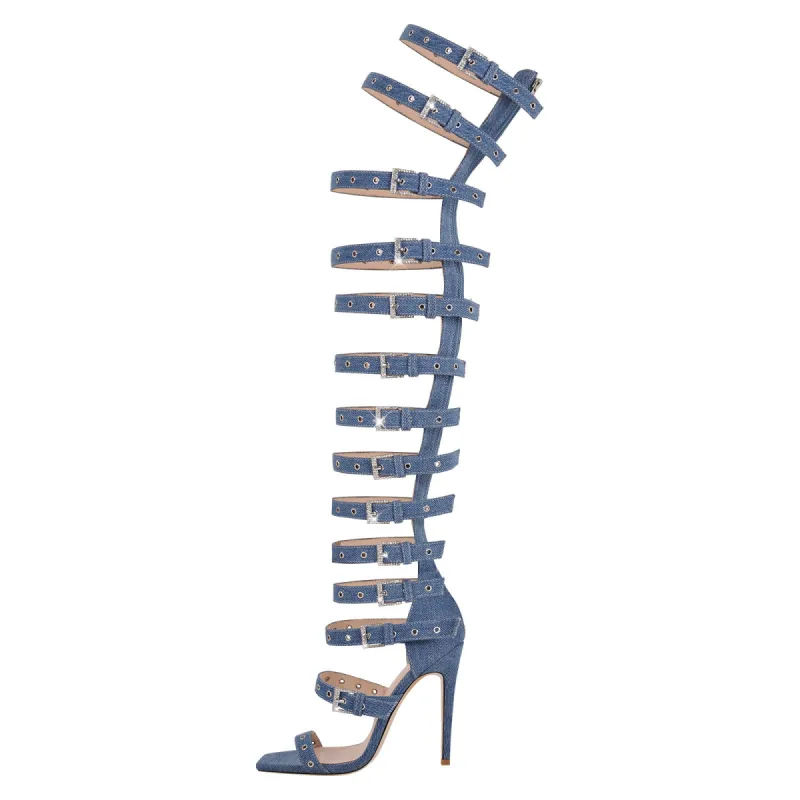 Denim Hollow Buckle Starp Thigh Stiletto Bootie Sandals sold by Onlymaker