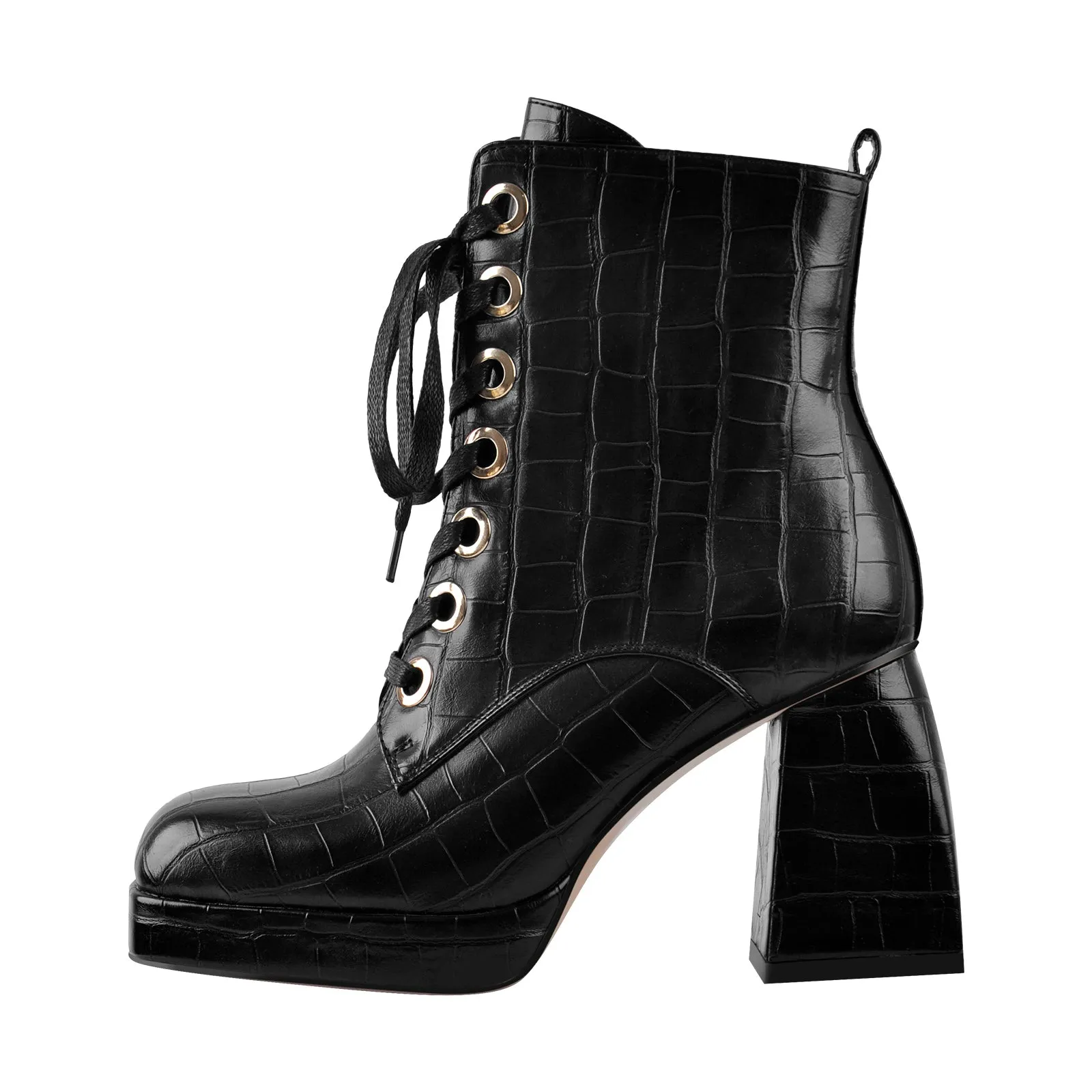 Black White Stone Square Toe Lace Zipper Chunky Heels Ankle Boots sold by Onlymaker product image thumbnail 2