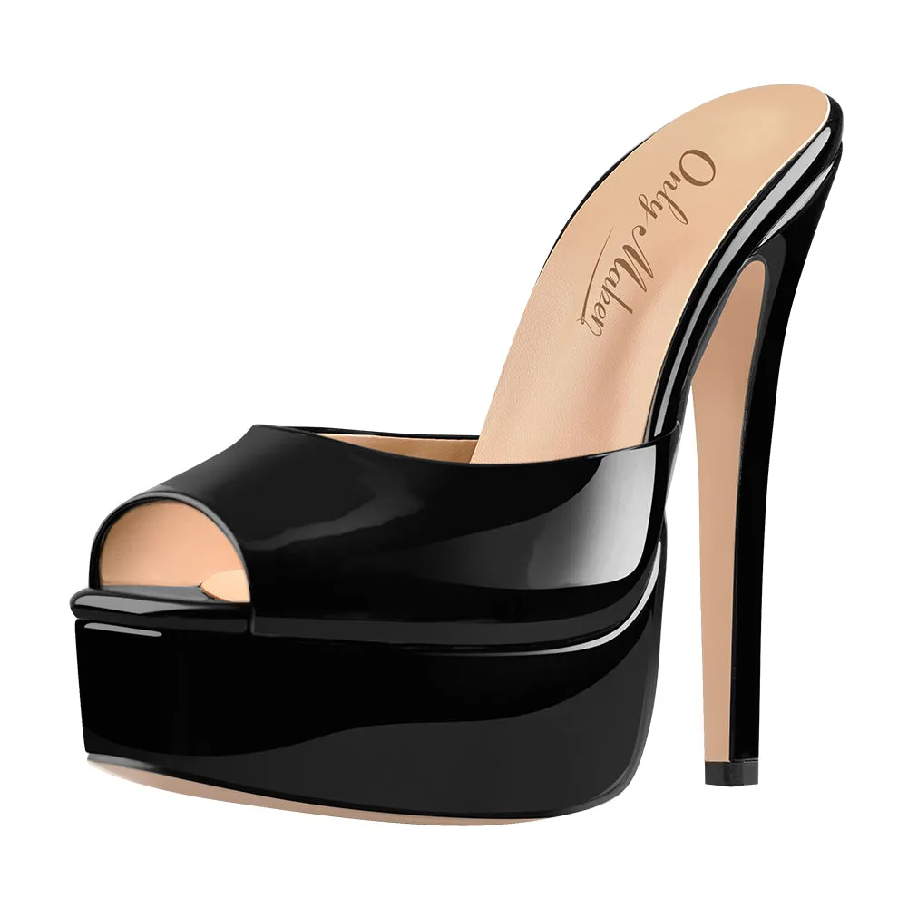 Peep Toe Black Patent Leather Stiletto High Heel Mules Sandals sold by Onlymaker product image thumbnail 3