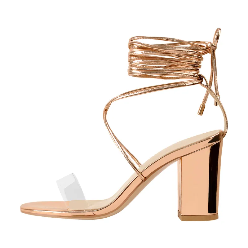 8cm Rose Gold Ankle Strap Square Toe Chunky Heels Sandals sold by Onlymaker