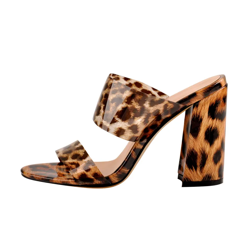 Transparent Leopard Double Straps Chunky Heels Mules Sandals sold by Onlymaker