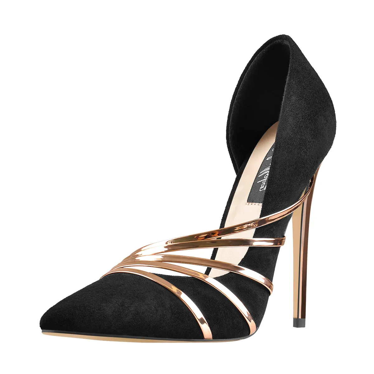 Pointed Toe Black Suede High Heel Gold Stiletto Pumps sold by Onlymaker product image thumbnail 2