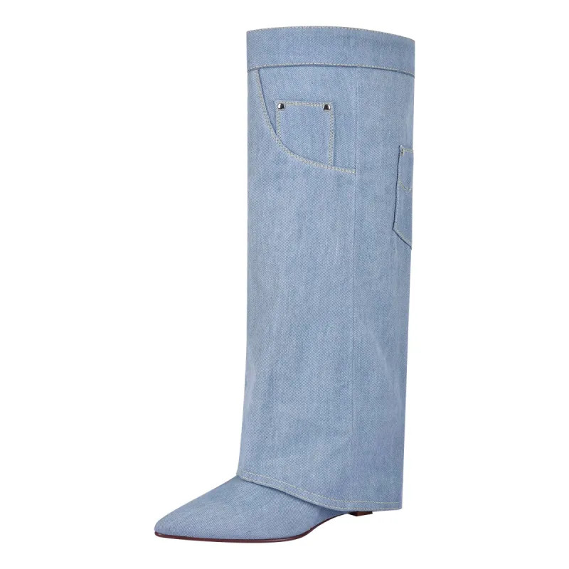 Wedge Heel Denim Fold Over Boots sold by Onlymaker