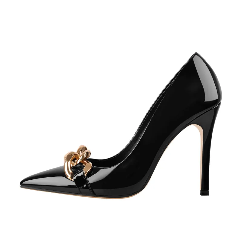 Black Metal Chain Pointed Toe Patent High Heels Stiletto Pumps sold by Onlymaker