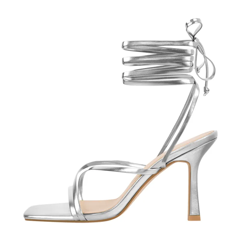 Metallic Leather Strap Square Toe High Heel Sandals sold by Onlymaker