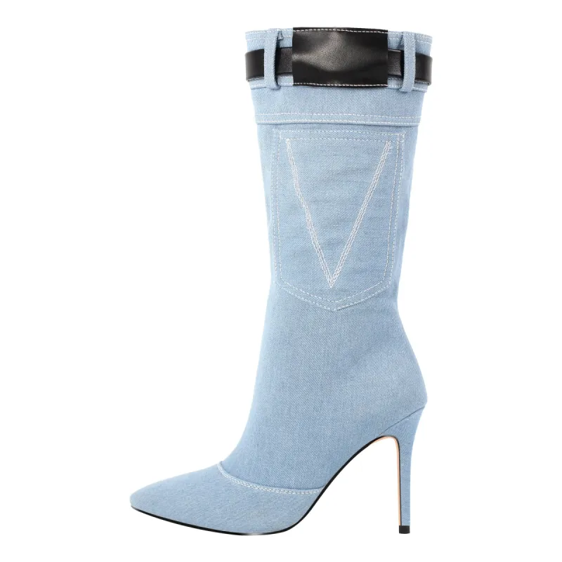 Denim Pointed Toe High Stiletto Boots sold by Onlymaker