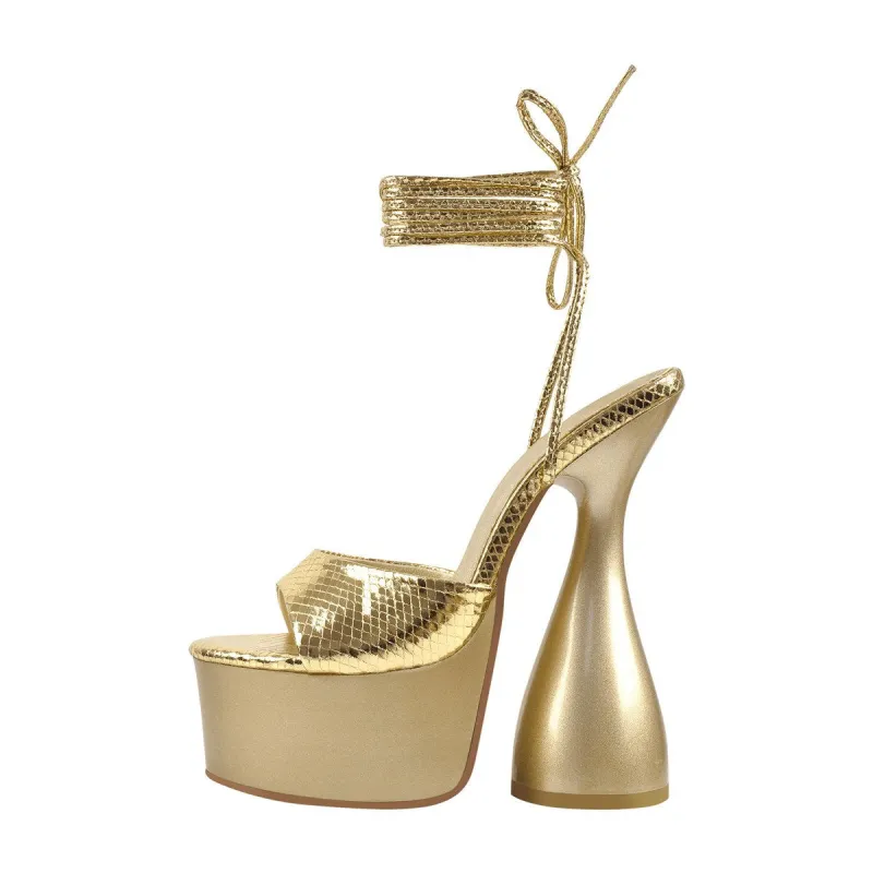 Gold Platform Lace Up Cross Sandals sold by Onlymaker