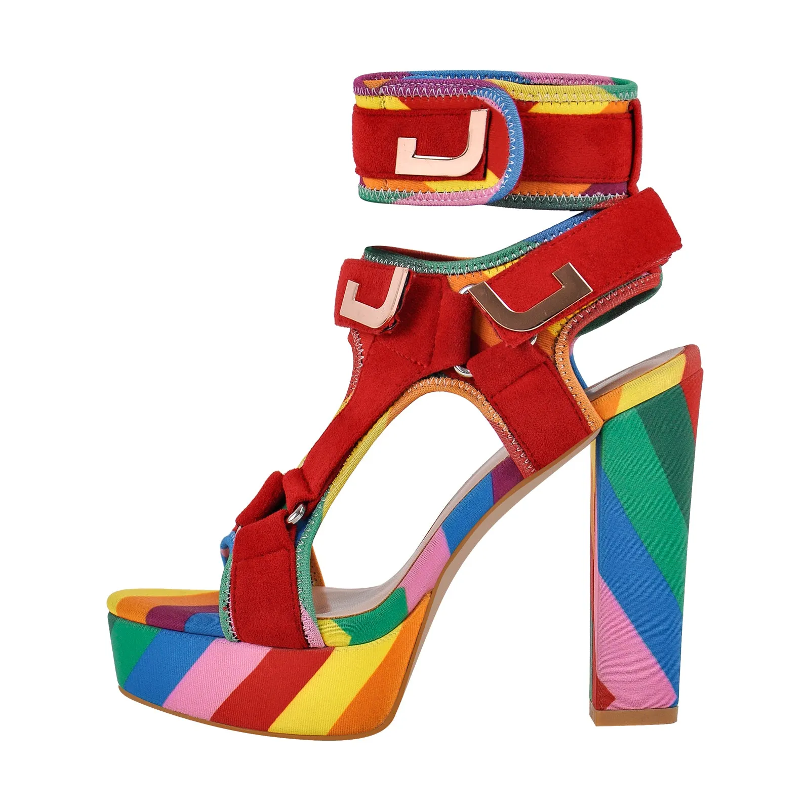 Canvas Rainbow Ankle Strap Chunky Heel Sandals sold by Onlymaker