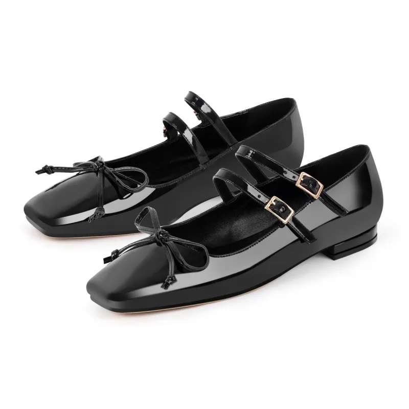 Black Bow Square Toe Buckle Ballet Flats sold by Onlymaker