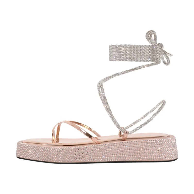 Onlymaker Flats Rhinestone Platform Lace-up Strap Sandals sold by Onlymaker