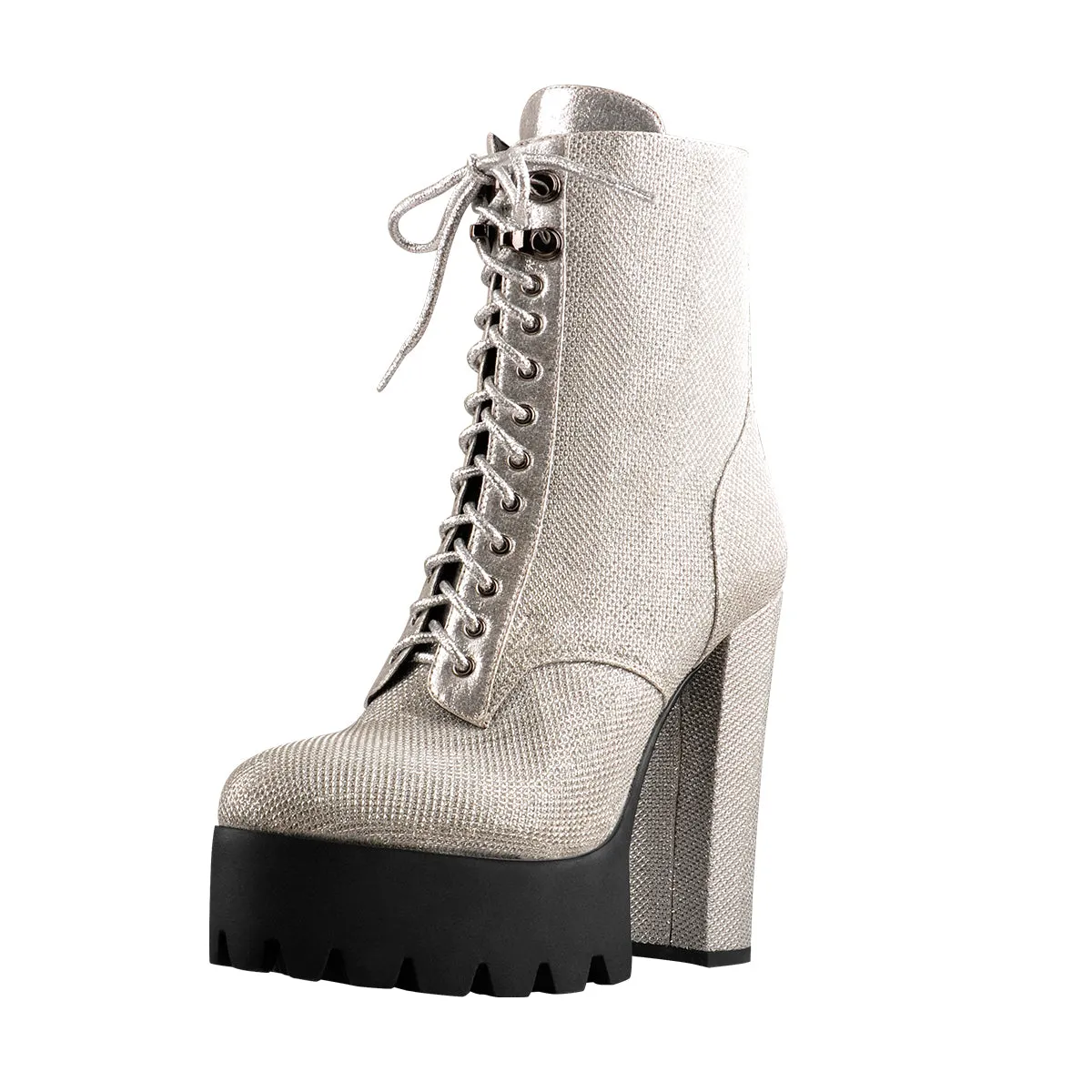 Round Toe Platform Lace Up Boots Silver Mesh Chunky Heels Ankle Booties sold by Onlymaker product image thumbnail 2
