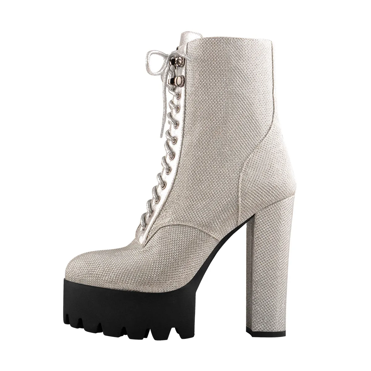 Round Toe Platform Lace Up Boots Silver Mesh Chunky Heels Ankle Booties sold by Onlymaker