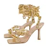 Gold Square Toe Metal Chain Lace-up Stiletto Sandals sold by Onlymaker