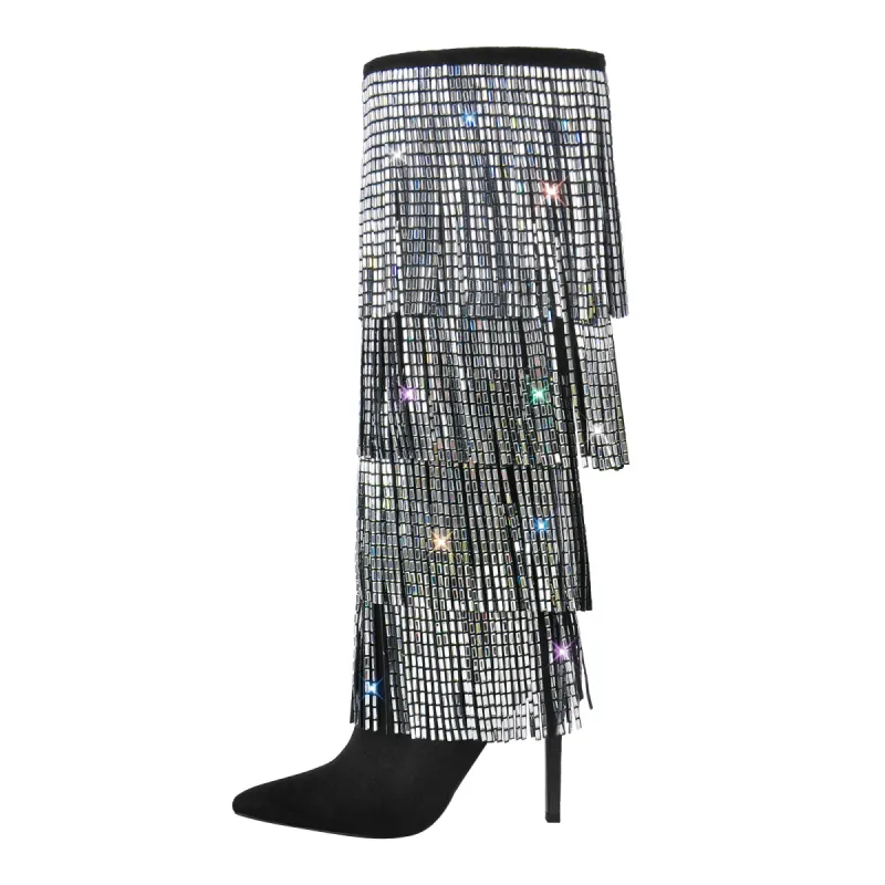 Pointed Toe Rhinestone Fringe Stiletto Knee High Boots sold by Onlymaker