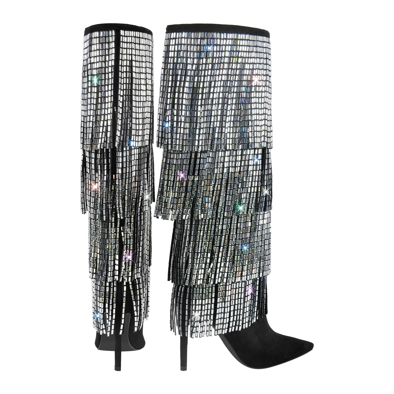 Pointed Toe Rhinestone Fringe Stiletto Knee High Boots sold by Onlymaker product image thumbnail 3