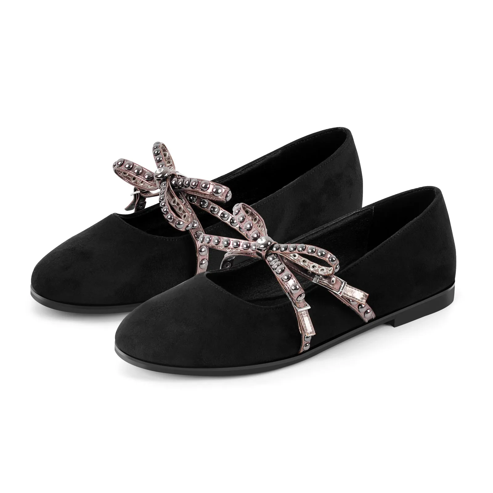 Rivet Bow Round Toe Buckle Strap Suede Flats sold by Onlymaker product image thumbnail 4