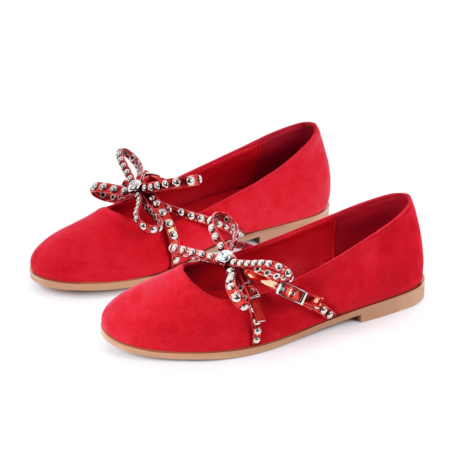 Rivet Bow Round Toe Buckle Strap Suede Flats sold by Onlymaker