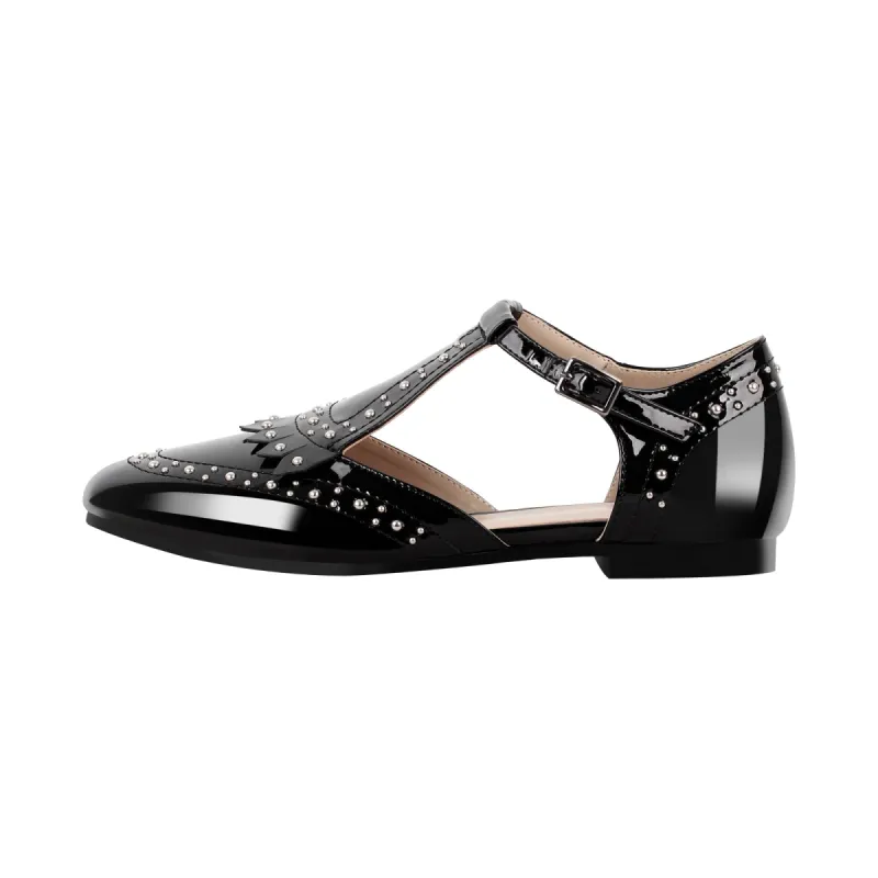 Hollow Black Round Toe Strap Rivet Flats sold by Onlymaker