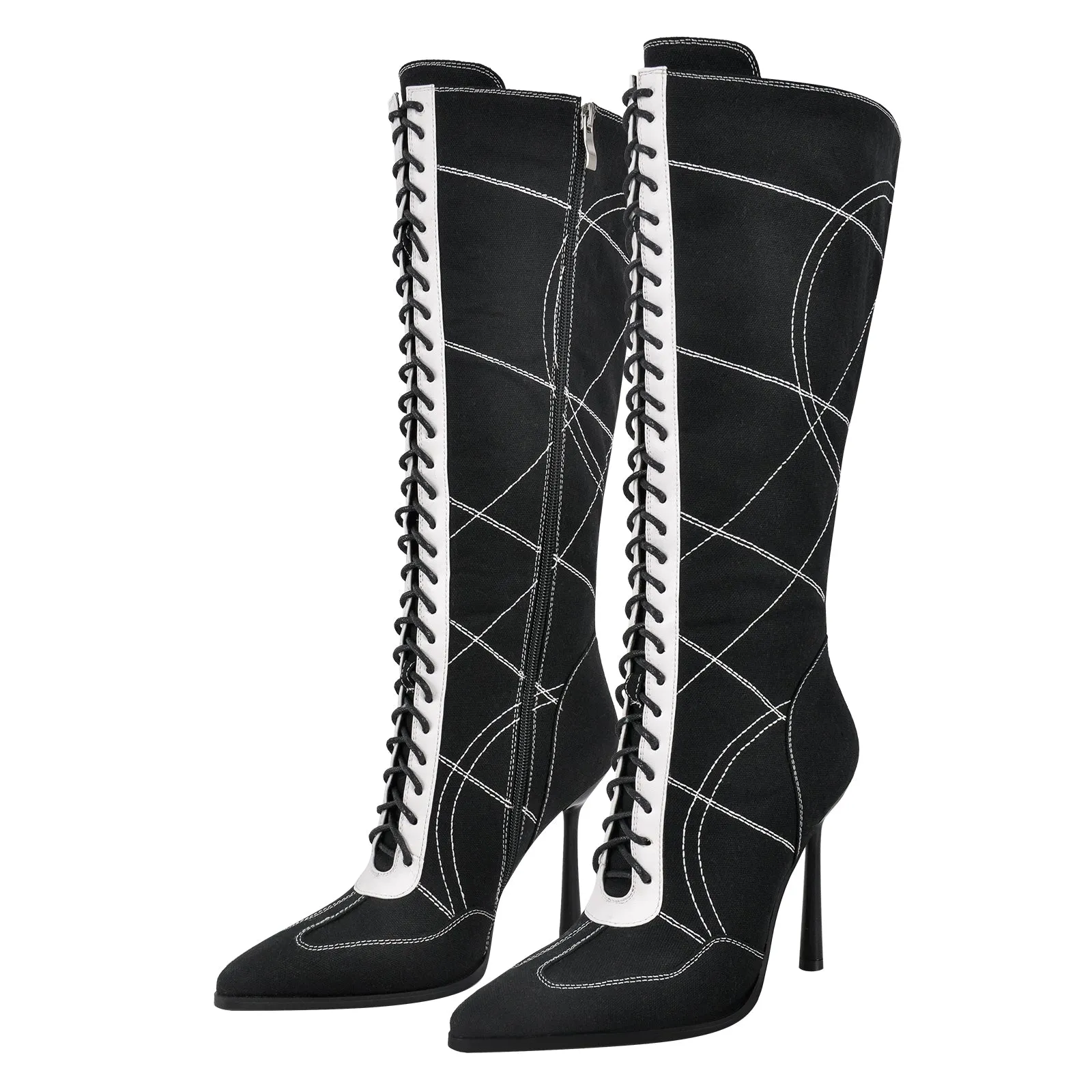 Pointed Toe Lace-up Canvas Stiletto Knee High Boots sold by Onlymaker product image thumbnail 2